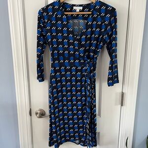 New York & Company Blue Black Wrap Dress V-Neck 3/4 Sleeve